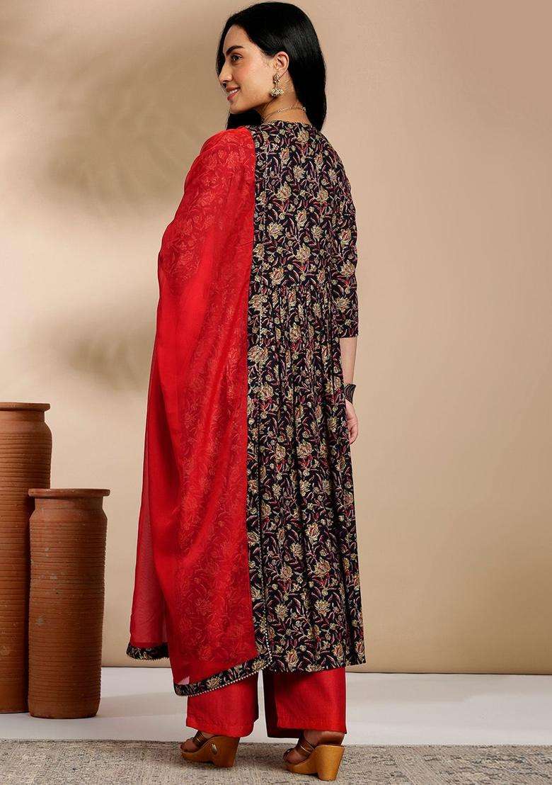 Navy Blue Printed Viscose Anarkali Set - Indya