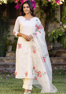 Off White Printed Cotton Kurta Set