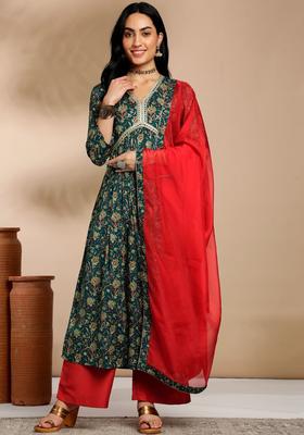 Teal Printed Viscose Anarkali Set