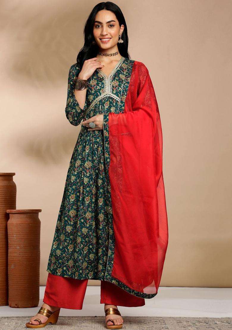 Teal Printed Viscose Anarkali Set - Indya
