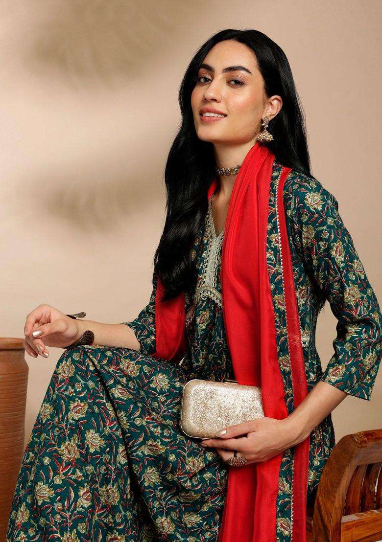 Teal Printed Viscose Anarkali Set - Indya