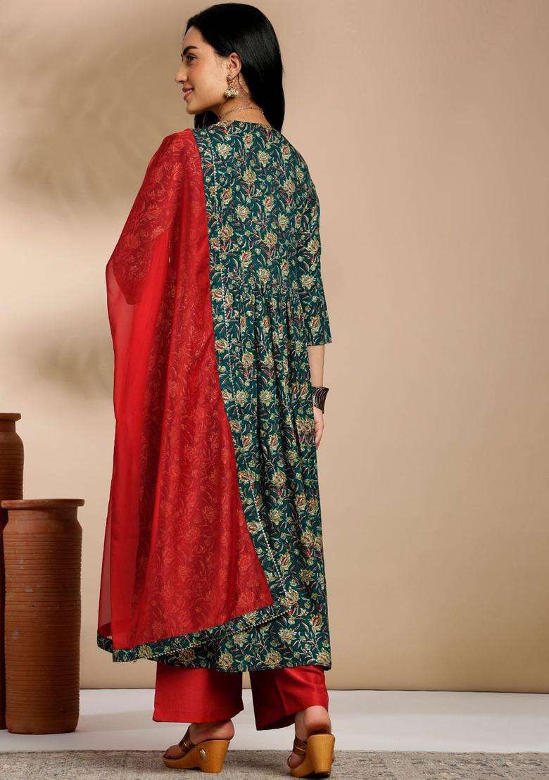 Teal Printed Viscose Anarkali Set - Indya