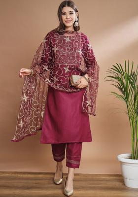 Purple Yoke Design Cotton Kurta Set