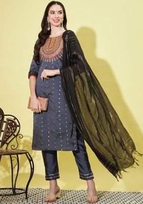 Grey Embroidered Silk Kurta Set