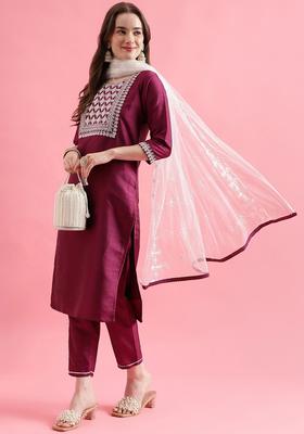 Purple Yoke Design Silk Blend Kurta Set