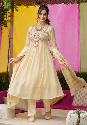 Beige Embroidered Silk Blend Anarkali Set