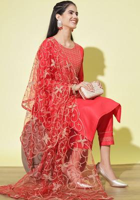 Red Yoke Design Cotton Kurta Set