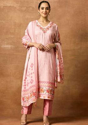 Pink Printed Silk Blend Kurta Set