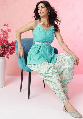Turquoise Blue Printed Silk Kurta Set