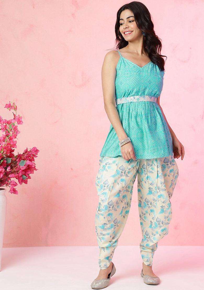 Turquoise Blue Printed Silk Blend Kurta Set - Indya