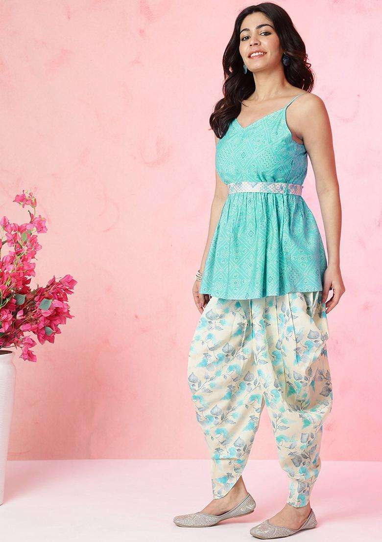 Turquoise Blue Printed Silk Blend Kurta Set - Indya