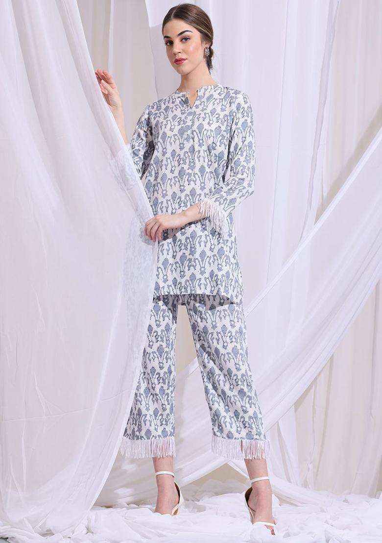 Grey Printed Viscose Kurta Set - Indya