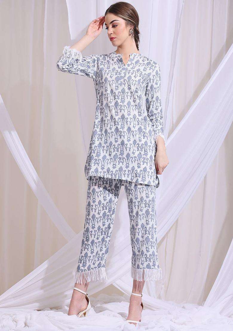 Grey Printed Viscose Kurta Set - Indya