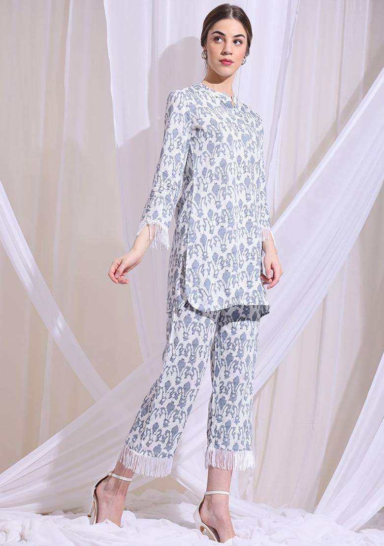 Grey Printed Viscose Kurta Set - Indya