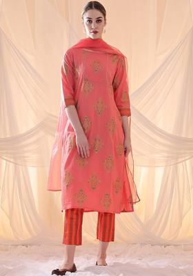 Peach Printed Cotton Kurta Set