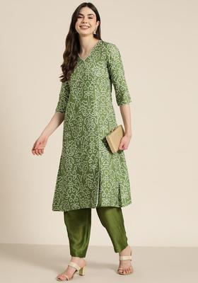 Green Printed Silk Kurta Set