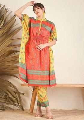 Orange Printed Silk Kurta Set