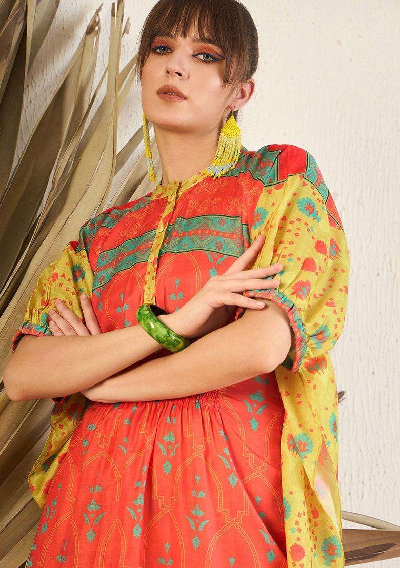 Orange Printed Silk Blend Kurta Set - Indya