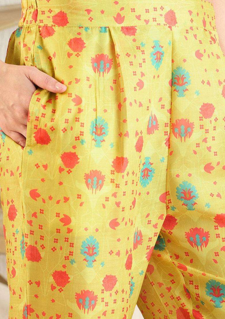 Orange Printed Silk Blend Kurta Set - Indya