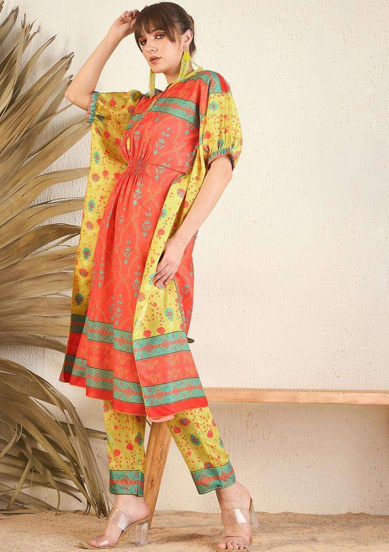 Orange Printed Silk Blend Kurta Set - Indya