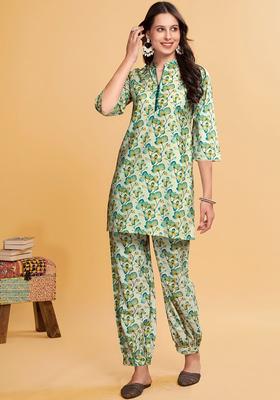 Cream Printed Cotton Kurta Set