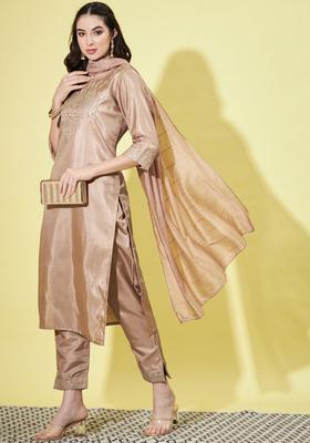 Beige Yoke Design Silk Blend Kurta Set