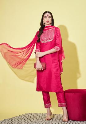 Pink Solid Silk Kurta Set