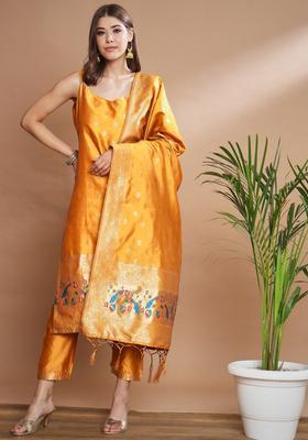 Mustard Self Design Cotton Kurta Set