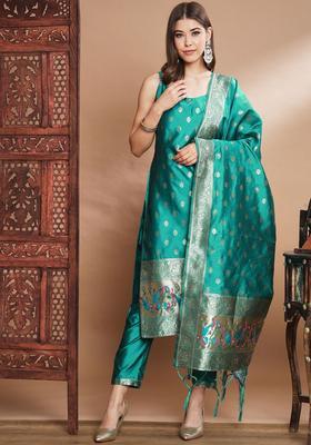 Sea Green Woven Design Cotton Kurta Set