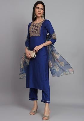 Navy Blue Embroidered Silk Kurta Set