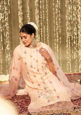 Peach Embroidered Polyester Kurta Set