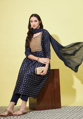 Navy Blue Printed Silk Blend Kurta Set