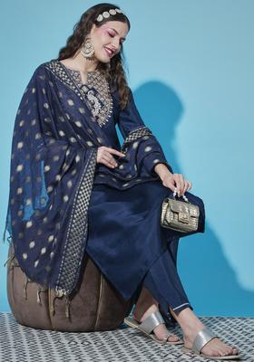 Navy Blue Yoke Design Cotton Kurta Set
