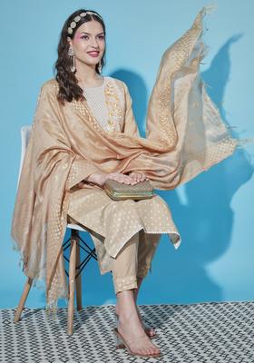 Brown Embroidered Silk Blend Kurta Set