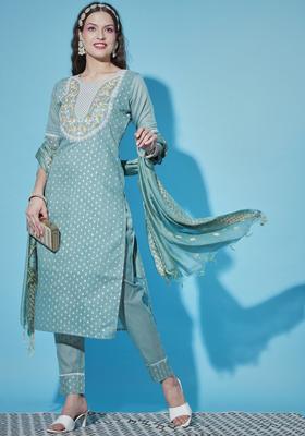 Blue Yoke Design Silk Blend Kurta Set