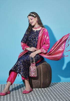 Navy Blue Woven Design Cotton Kurta Set