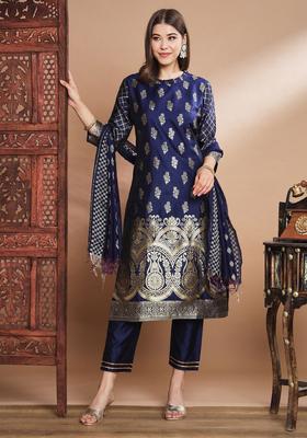 Navy Blue Printed Cotton Kurta Set