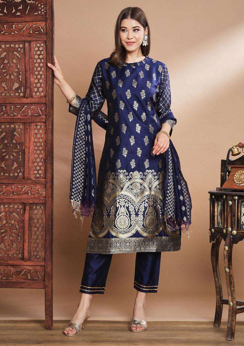 Navy Blue Printed Cotton Kurta Set - Indya