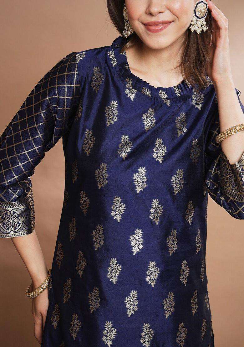 Navy Blue Printed Cotton Kurta Set - Indya