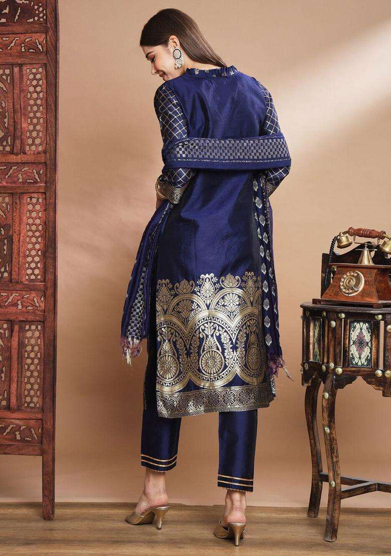 Navy Blue Printed Cotton Kurta Set - Indya