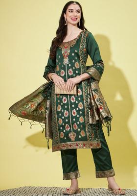 Green Woven Design Cotton Kurta Set