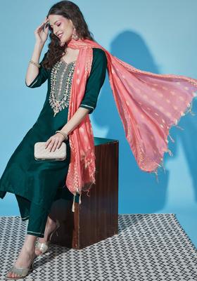 Teal Yoke Design Cotton Kurta Set