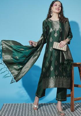 Green Woven Design Cotton Kurta Set