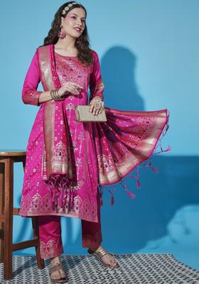 Pink Woven Design Cotton Kurta Set