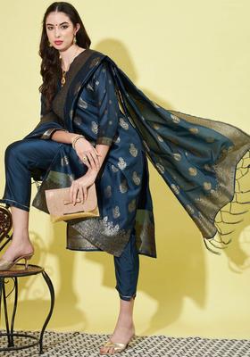 Teal Woven Design Cotton Kurta Set