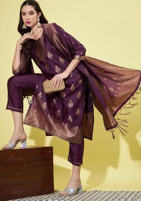 Purple Woven Design Cotton Kurta Set