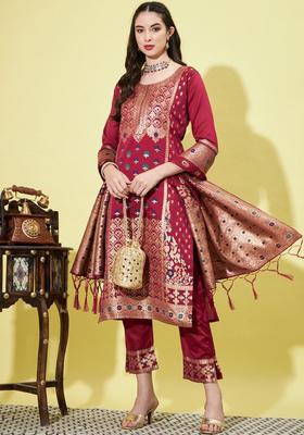 Maroon Woven Design Cotton Kurta Set