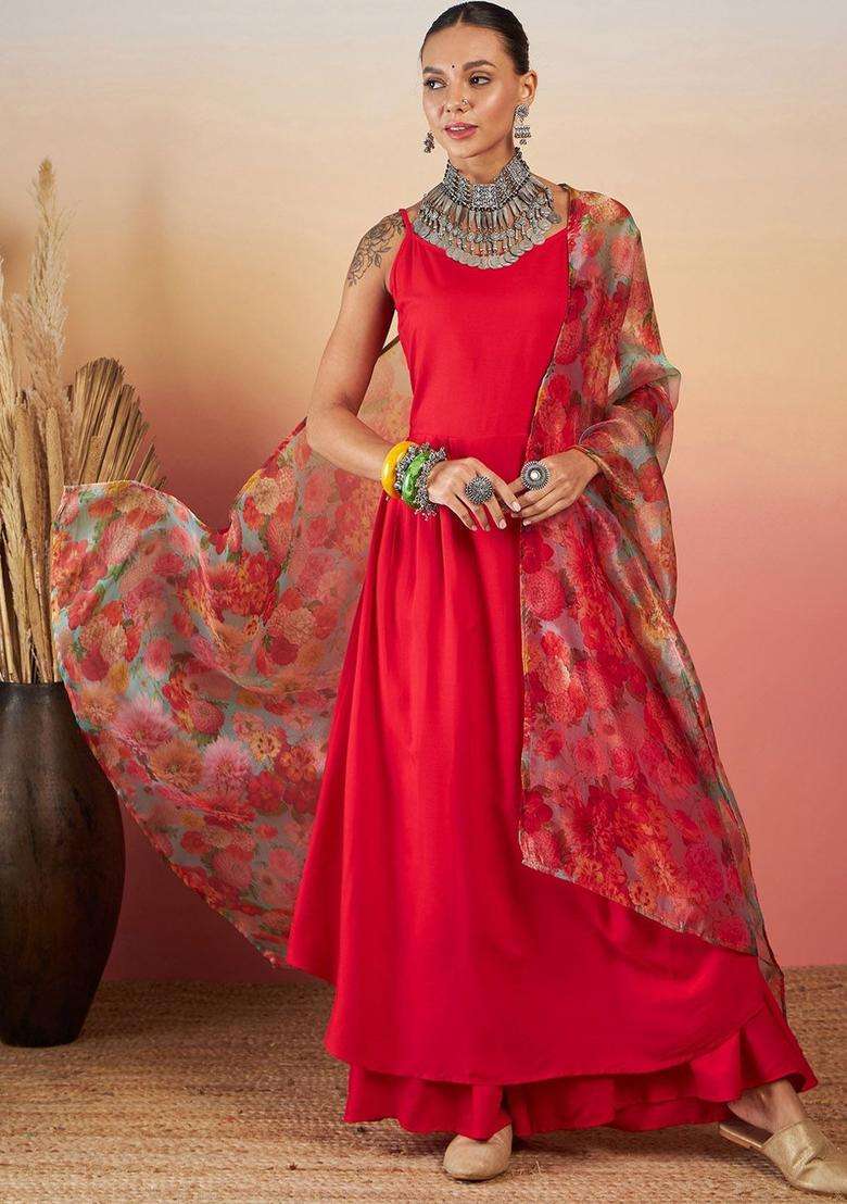 Red Solid Viscose Kurta Set - Indya