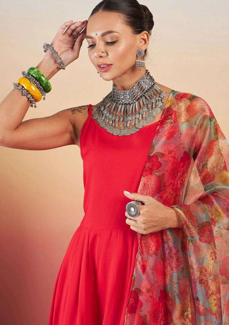 Red Solid Viscose Kurta Set - Indya