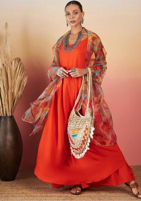 Orange Solid Viscose Kurta Set